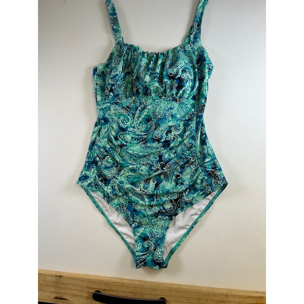 Aqua Eve Womens Teal Blue Paisley Ruched One Piece Swimsuit Size L‎ NWT